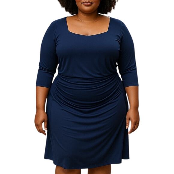 Kiyonna Square Neck Ruched Cocktail Dress Blue Plus Size Size 1/ 1X - Picture 2 of 8